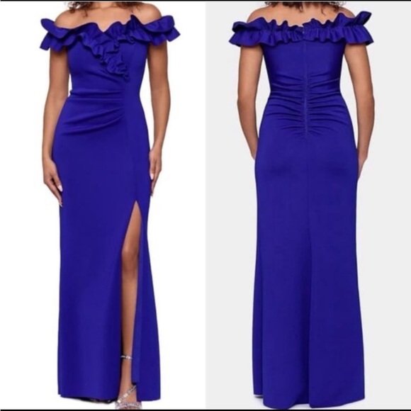 NWT Xscape womens Long Stretch Scuba Crepe Ruffle Collar Ruched Dress - Picture 2 of 7